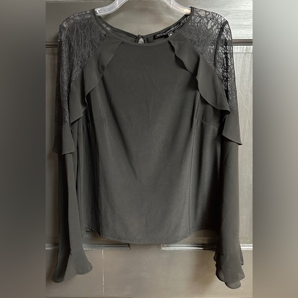 White House Black Market Tops - White House Black Market Black Long Sleeves Lace & Ruffle Shoulders Women’s Sz M
